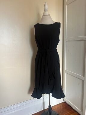 Calvin Klein Classic Black Sleeveless Ruffle Hem Belted Sheath Dress - Size 12
